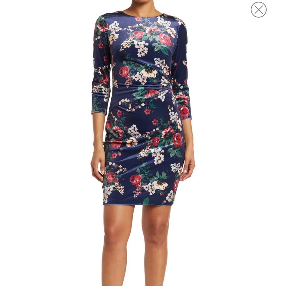 VINCE CAMUTO NEW WITH TAGS  Floral 3/4 Sleeve Ruched Velvet Sheath Dress